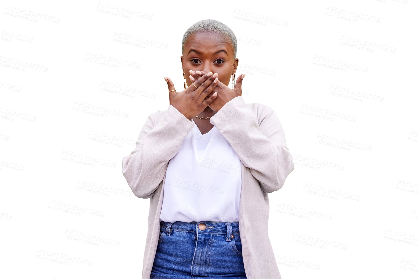 Buy stock photo Shock, hands and woman in portrait, news and wow for deal or isolated on transparent png background. Black female person, surprise and omg for announcement, secret and wtf or what for drama or gossip