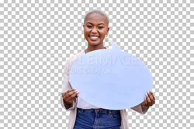 Buy stock photo Portrait of black woman, speech bubble or feedback space for opinion on transparent png background. African person, smile or billboard poster for social media, vote or review for mockup announcement