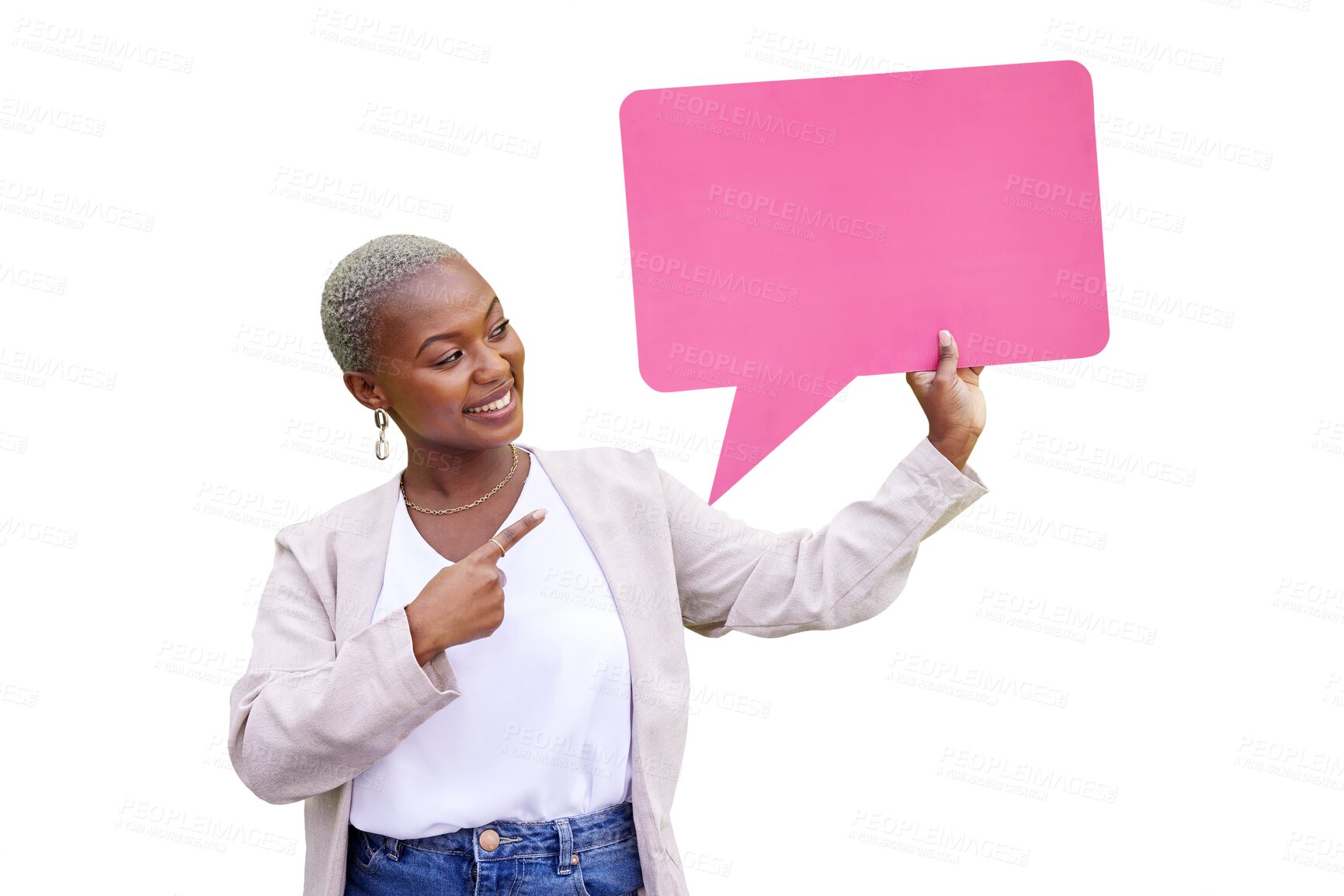 Buy stock photo Happy black woman, speech bubble or pointing to space, mockup or opinion on transparent png background. African person, isolated or poster card for social media, vote or review with news announcement