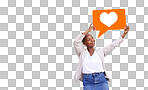 Speech bubble icon, black woman or social media heart emoji for