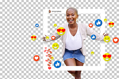 Black woman, portrait and social media emojis, like and heart ic
