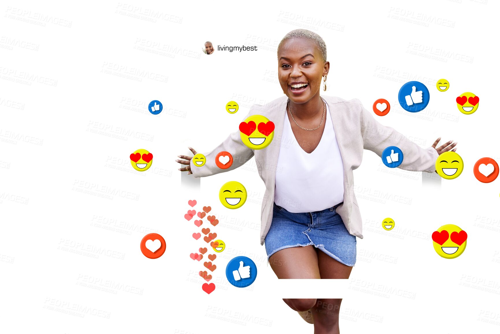 Buy stock photo Portrait, woman and smile with emojis for social media, post and like on internet. Black person, female entrepreneur and happy on face with icon for reaction on isolated or transparent png background