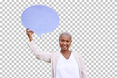 Buy stock photo Happy black woman, speech bubble or portrait for mockup space or opinion on transparent png background. African person, billboard or poster for social media, vote or review with news announcement