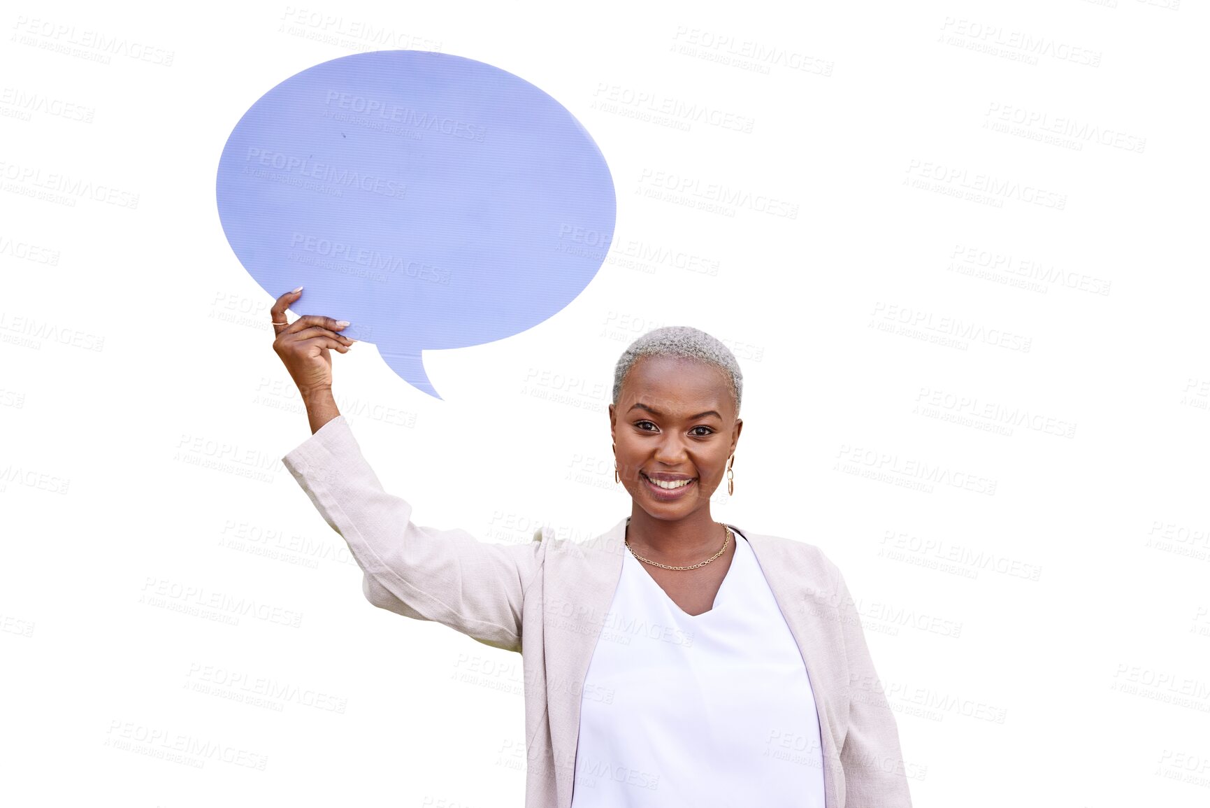 Buy stock photo Happy black woman, speech bubble or portrait for mockup space or opinion on transparent png background. African person, billboard or poster for social media, vote or review with news announcement