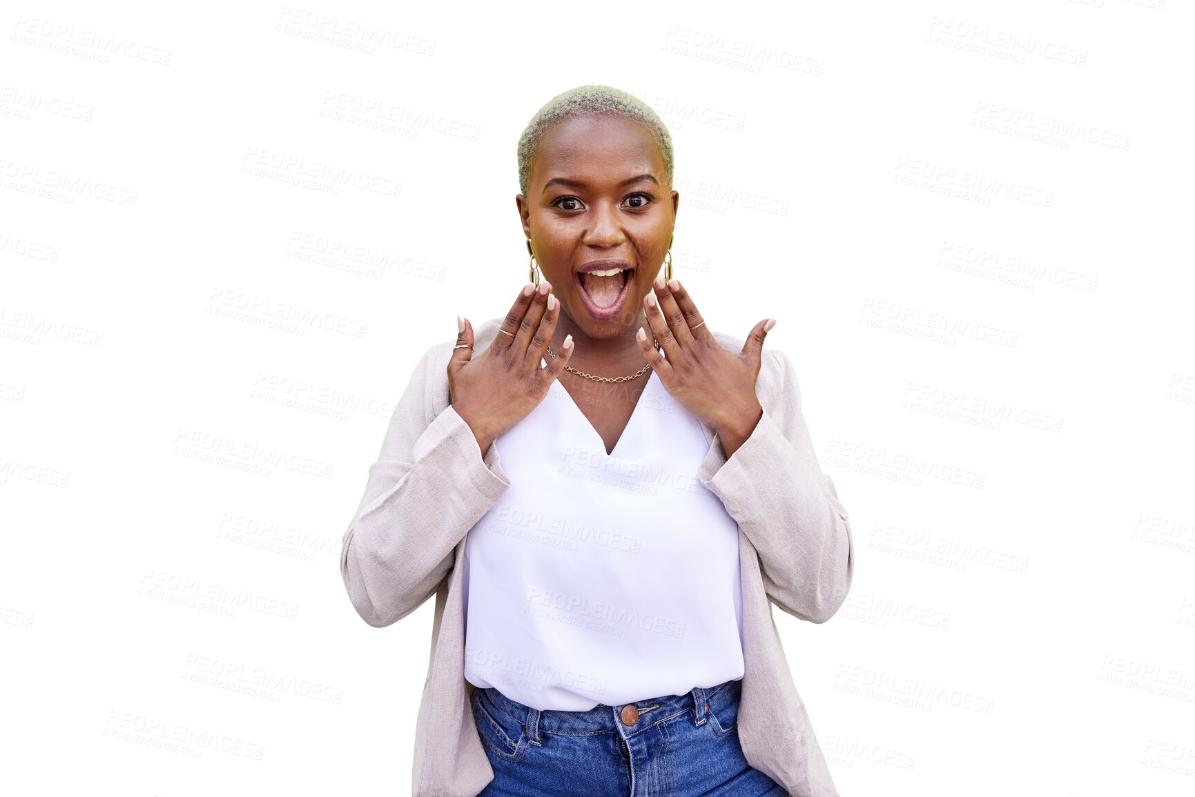 Buy stock photo Excited, shocked and black woman surprise by news, deal or discount offer isolated on a png transparent background. Wow, gossip and young person with emoji reaction to announcement or promotion