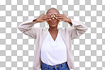 Cover eyes, playful and a black woman on a green background for