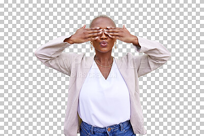 Buy stock photo Black woman, face and hands cover eyes for surprise or secret in transparent, isolated or png background. African, model and hide sight from confidential, announcement or shy and funny emoji