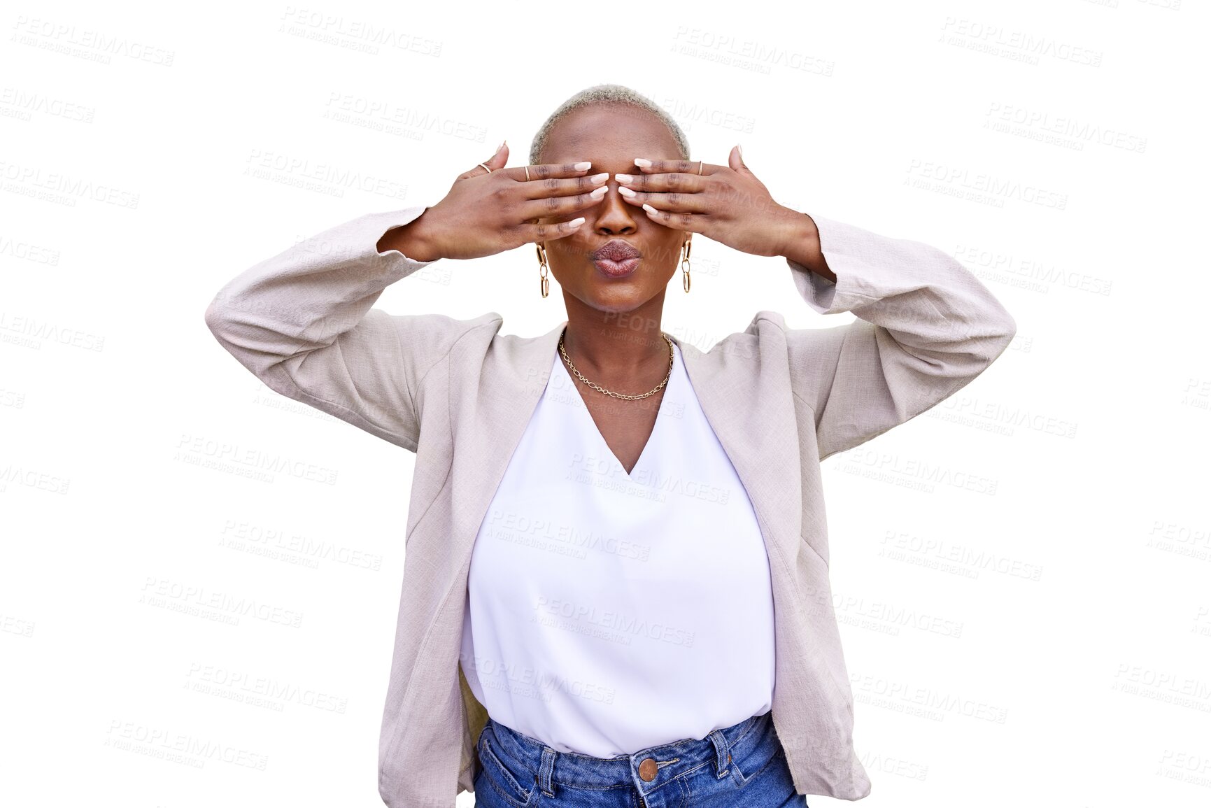 Buy stock photo Black woman, face and hands cover eyes for surprise or secret in transparent, isolated or png background. African, model and hide sight from confidential, announcement or shy and funny emoji