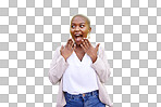 Excited, thinking and black woman surprise by news, deal or disc