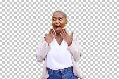 Buy stock photo Surprise, hands and woman in portrait, happy and wow for deal or isolated on transparent png background. Black person, shock and omg for announcement, success and joy for win, face and celebration