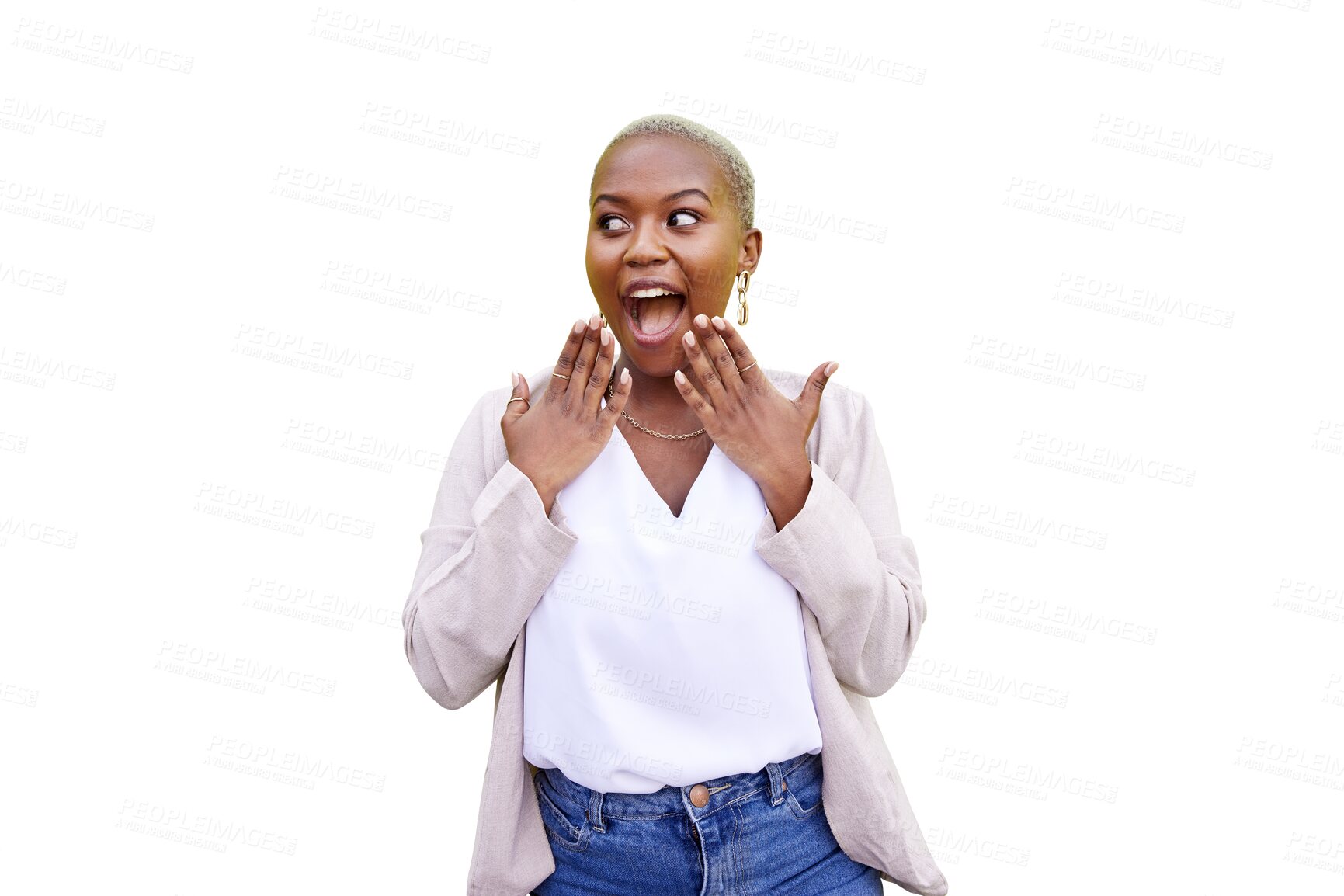 Buy stock photo Surprise, hands and woman in portrait, happy and wow for deal or isolated on transparent png background. Black person, shock and omg for announcement, success and joy for win, face and celebration