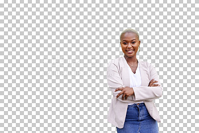 Buy stock photo Woman, smile and portrait for fashion arms crossed or confidence outfit, isolated on transparent png background. Black person, face and trendy clothes style or positive mood for classy, proud or cool