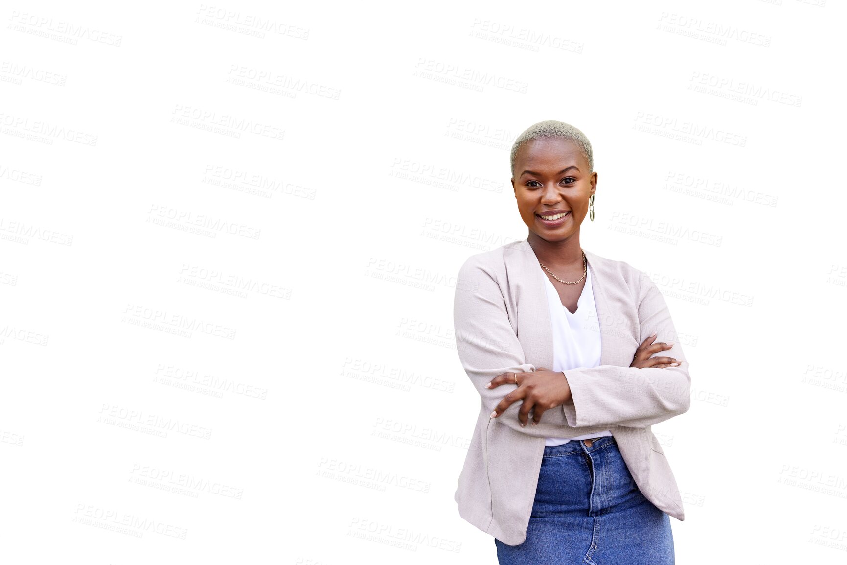 Buy stock photo Woman, smile and portrait for fashion arms crossed or confidence outfit, isolated on transparent png background. Black person, face and trendy clothes style or positive mood for classy, proud or cool