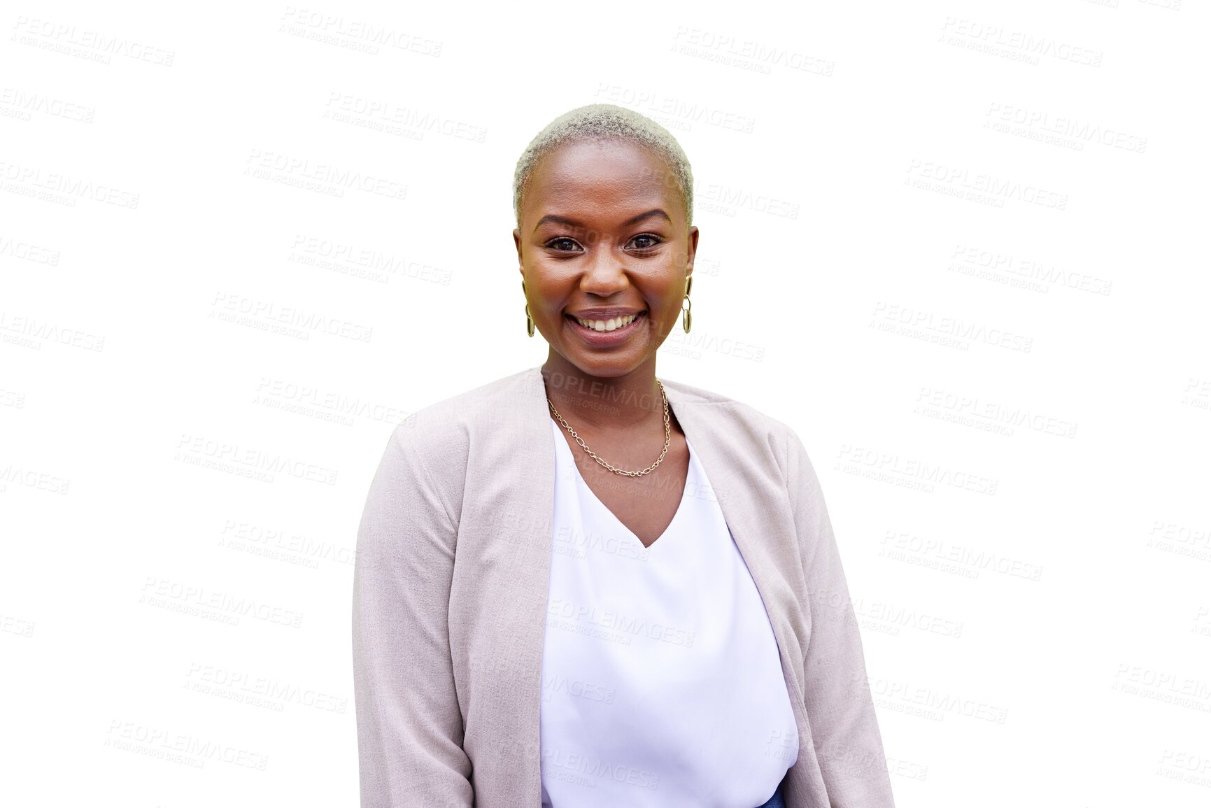 Buy stock photo Woman, smile and portrait fashion for confidence outfit, isolated on transparent png background. Black person, face and happy for trendy clothes style or calm look for classy, proud or cool relax