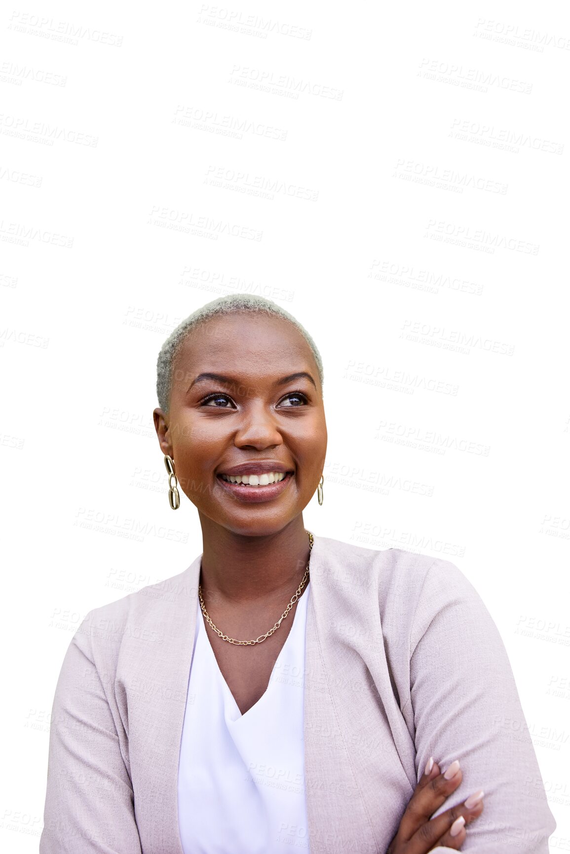 Buy stock photo Thinking, business and black woman with arms crossed, opportunity and decision isolated on transparent background. African person, model and consultant with ideas, brainstorming or planning with png