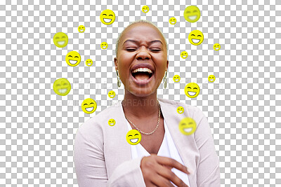 Social media, laughing and emoji icon of a woman or influencer f