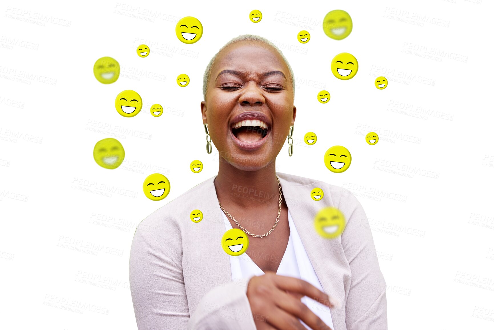 Buy stock photo Woman, influencer and laughing with emoji for social media, post or meme on app. Black person, happy and reaction for joke on web, internet or isolated on transparent png background by icon for like