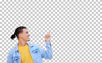 Buy stock photo Smile, pointing and man advertising, promotion or marketing isolated on transparent png background. Happy person gesture at commercial presentation, show information or offer, choice or announcement