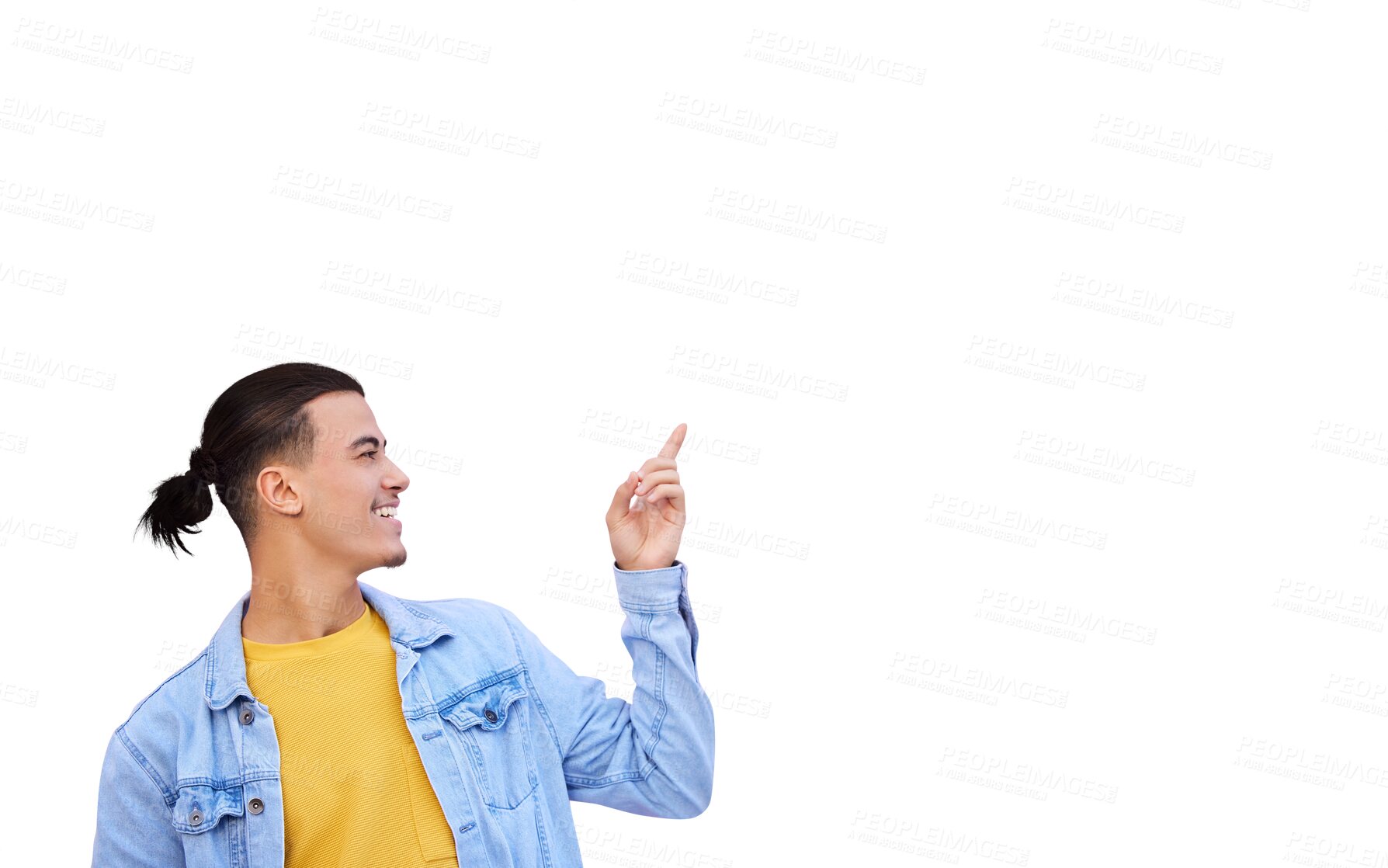 Buy stock photo Smile, pointing and man advertising, promotion or marketing isolated on transparent png background. Happy person gesture at commercial presentation, show information or offer, choice or announcement