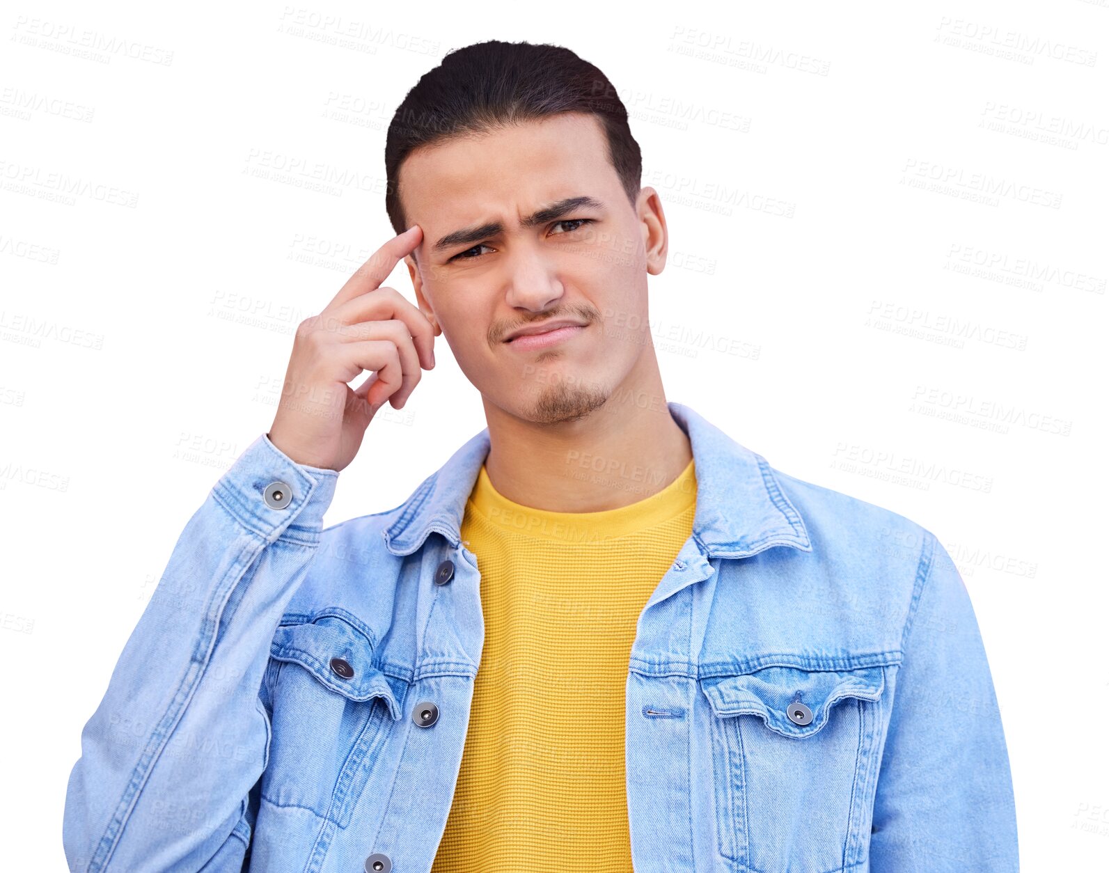 Buy stock photo Confusion, portrait and man in casual outfit, doubt or wonder of future by thinking. Face, male student or thoughtful on isolated or transparent png background with gesture, unsure and contemplation