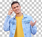 Confused, question and portrait of a man thinking isolated on a pink background in studio. Doubt, idea and face of a person with a solution, difficult decision and thoughts of a choice on a backdrop