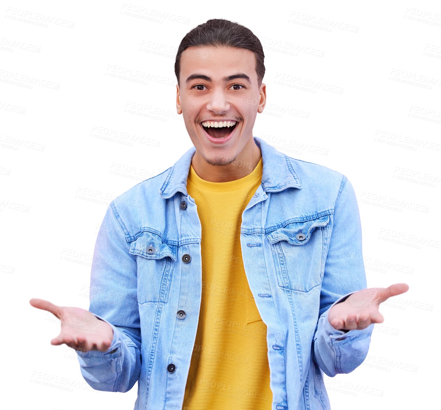 Buy stock photo Portrait, surprise and man with wow, excited and happiness isolated on transparent background. Face, person and model with expression, announcement and emoji with omg, emotion and png with reaction