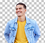 Thinking, man and smile on pink background for happy ideas, mindset or fashion color on studio wall. Inspiration, happiness and male model smile for brainstorming, mockup or remember memory of vision