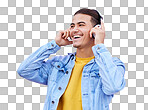 Headphones, man and smile on pink background, wall backdrop or studio mockup. Excited guy listening to music, sound and streaming audio media with freedom, happy face and hearing radio for podcast 