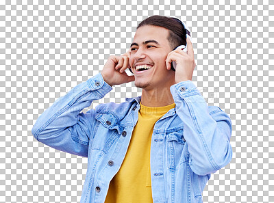 Buy stock photo Happy man, hands and headphones for listening of music, radio or podcast by wireless. Male model, young person and technology for digital, media or streaming on isolated or transparent png background