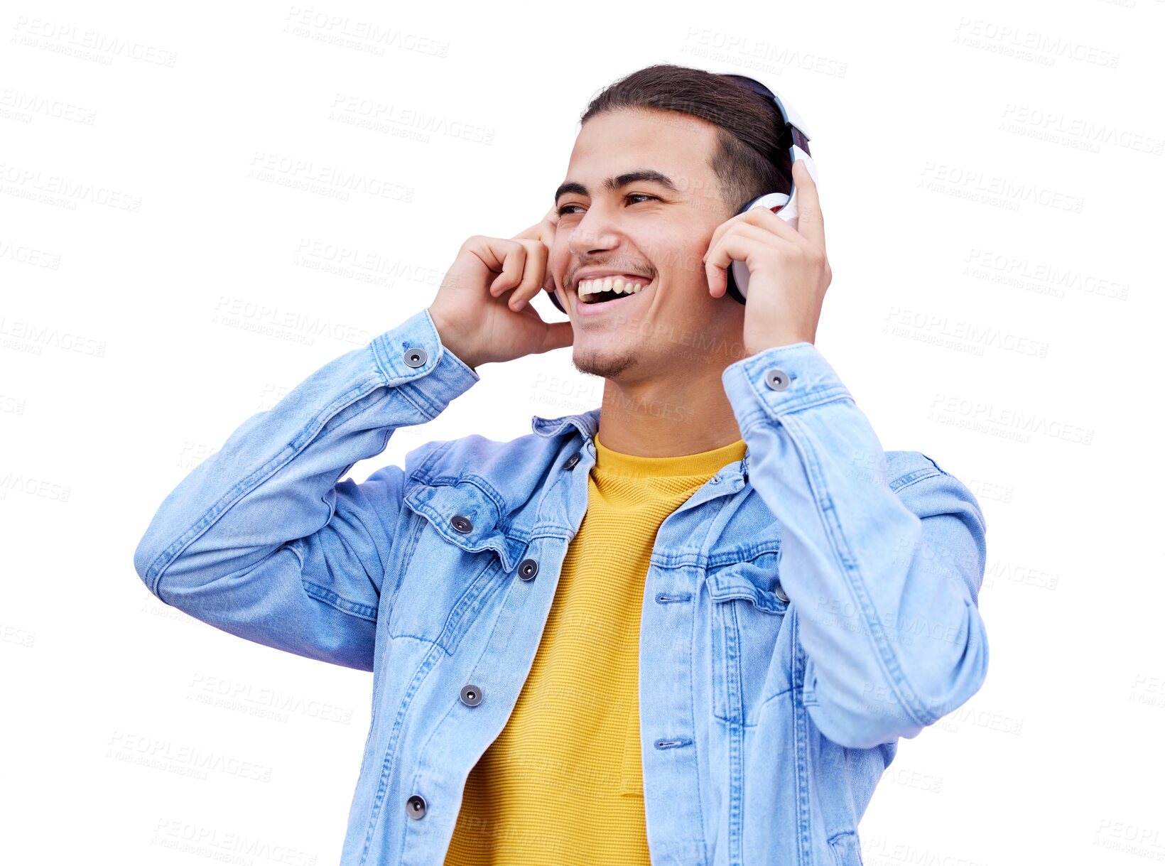 Buy stock photo Happy man, hands and headphones for listening of music, radio or podcast by wireless. Male model, young person and technology for digital, media or streaming on isolated or transparent png background