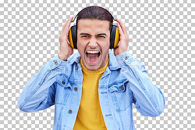 Buy stock photo Stress, man and scream with headphones in portrait, shout and stream radio or audio, sound and playlist. Male person, isolated and listening to music, rock and podcast on transparent png background