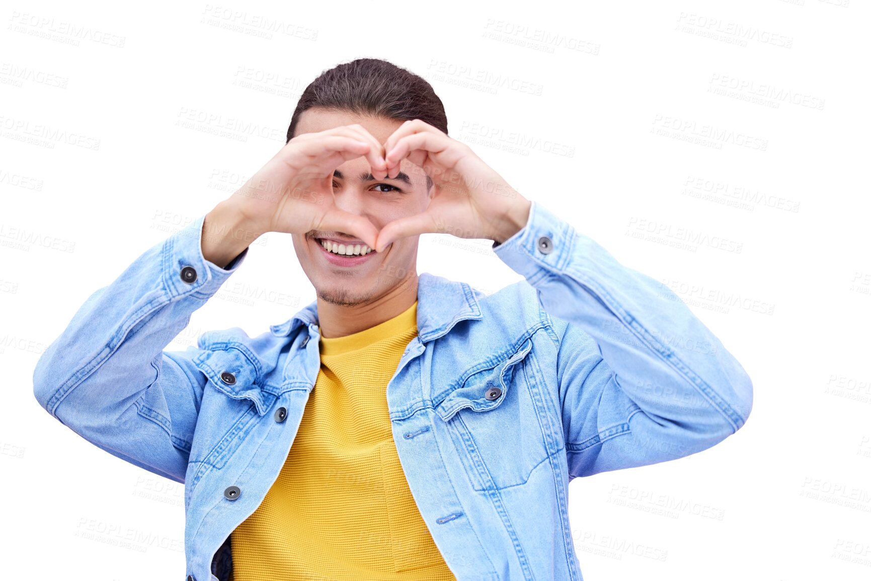 Buy stock photo Portrait, smile and heart hands on valentines day with a man isolated on a transparent background. Love, romance and a happy young person on PNG to flirt or show an emoji of joy and affection
