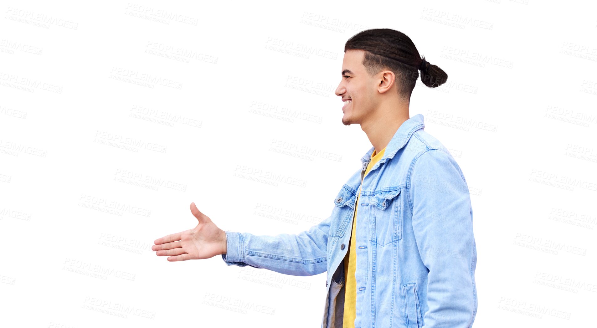 Buy stock photo Isolated man, hand shake and smile with open palm, profile and respect by transparent png background. Person, student and introduction for welcome, interview or agreement for deal with scholarship