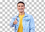 Thumbs up, motivation and portrait of a man with a thank you isolated on a pink background in studio. Success, win and person with a hand sign for support, trust and emoji icon for agreement