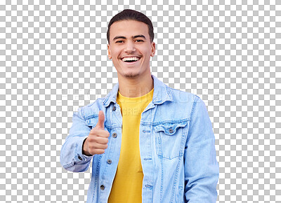 Buy stock photo Portrait, man and thumbs up with smile for choice, decision or option with announcement. Young person, male model and excited emoji on isolated or transparent png background for opportunity with news