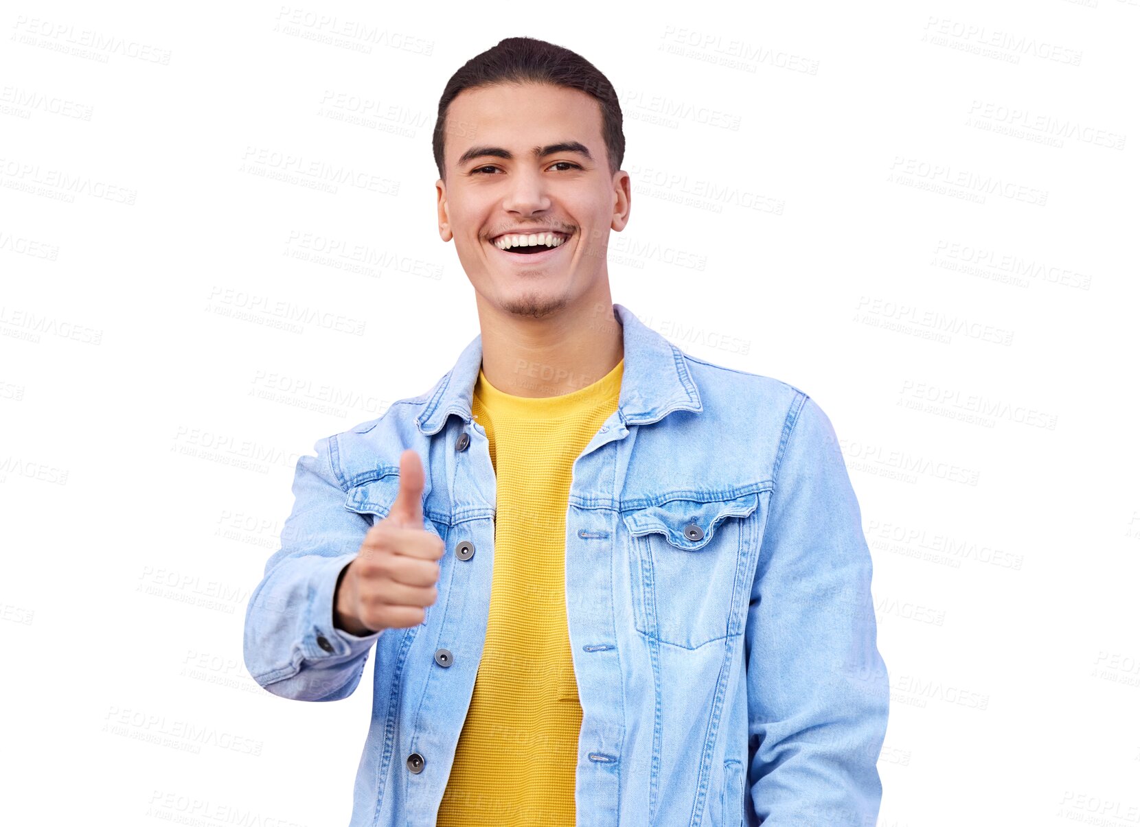 Buy stock photo Portrait, man and thumbs up with smile for choice, decision or option with announcement. Young person, male model and excited emoji on isolated or transparent png background for opportunity with news