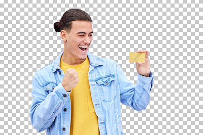 Buy stock photo Isolated man, credit card and fist with cheers for bonus, profit or thinking by transparent png background. Investor, trader and person in celebration, banking or money with ideas, prize and giveaway