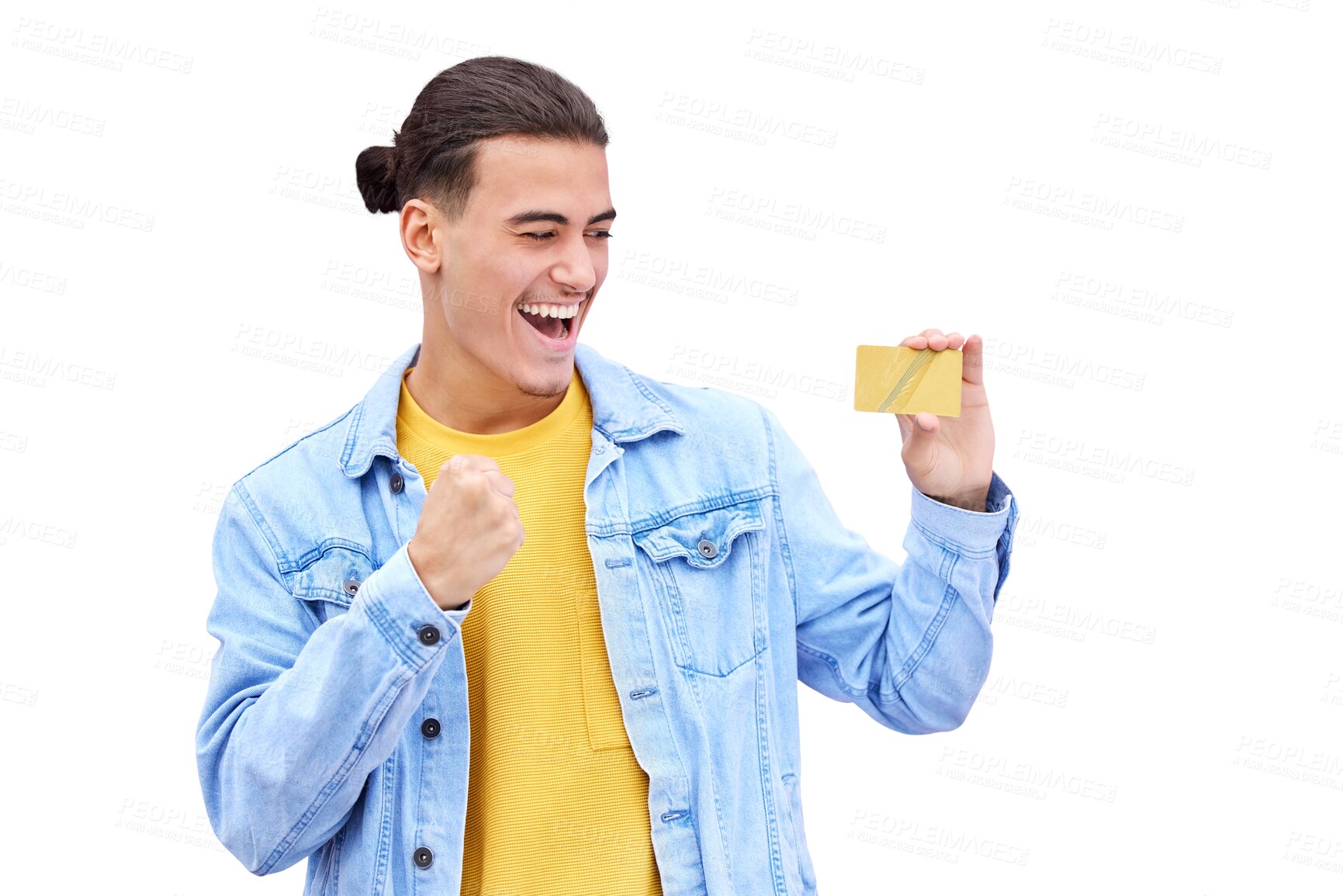 Buy stock photo Isolated man, credit card and fist with cheers for bonus, profit or thinking by transparent png background. Investor, trader and person in celebration, banking or money with ideas, prize and giveaway