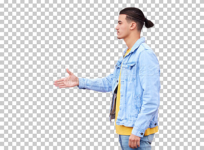 Buy stock photo Isolated man, profile and hand shake with open palm, respect or introduction by transparent png background. Person, student and handshake for welcome, interview or agreement for deal with scholarship