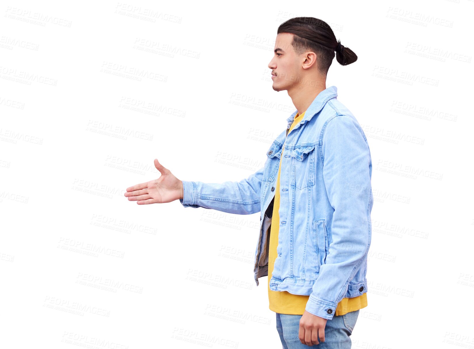 Buy stock photo Isolated man, profile and hand shake with open palm, respect or introduction by transparent png background. Person, student and handshake for welcome, interview or agreement for deal with scholarship