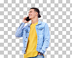 Phone call, smile and communication, gen z man talking and happy isolated on pink background. Smartphone, urban fashion and networking, happy male model in conversation on cellphone with technology.