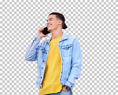 Buy stock photo Man, smile and hold for phone call for communication, conversation or talk. Young person, male model and casual style with mobile, connectivity or network on isolated or transparent png background