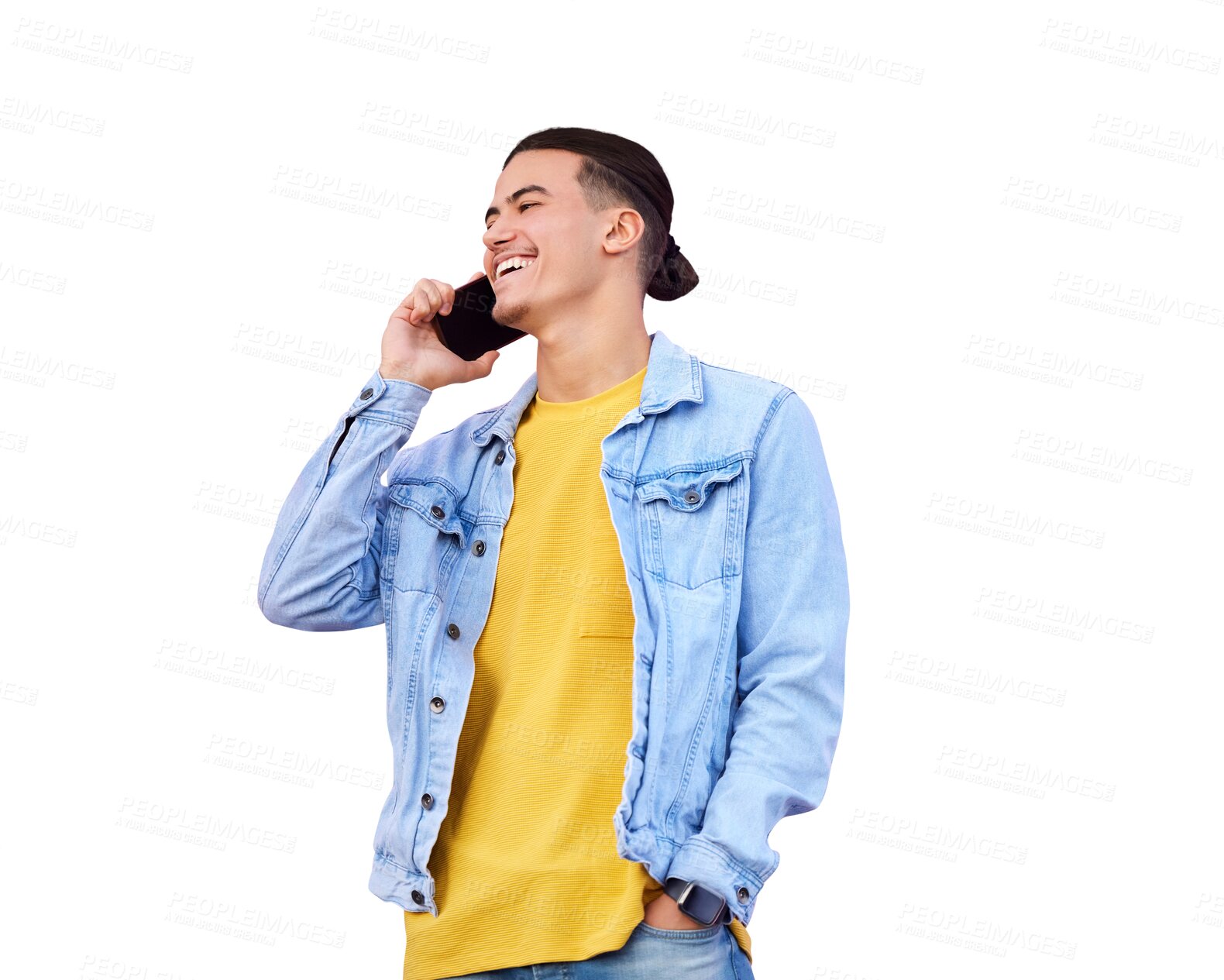 Buy stock photo Man, smile and hold for phone call for communication, conversation or talk. Young person, male model and casual style with mobile, connectivity or network on isolated or transparent png background