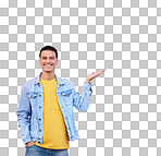 Happy, mockup and portrait of a man in a studio pointing to empty space for advertisement or marketing. Happiness, smile and male model showing mock up or copyspace isolated by a pink background.