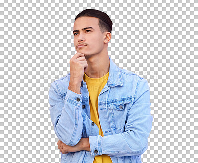 Buy stock photo Isolated student man, thinking and decision for future, vision or choice by transparent png background. Person, guy and confused for idea, problem solving or solution with memory, question or process