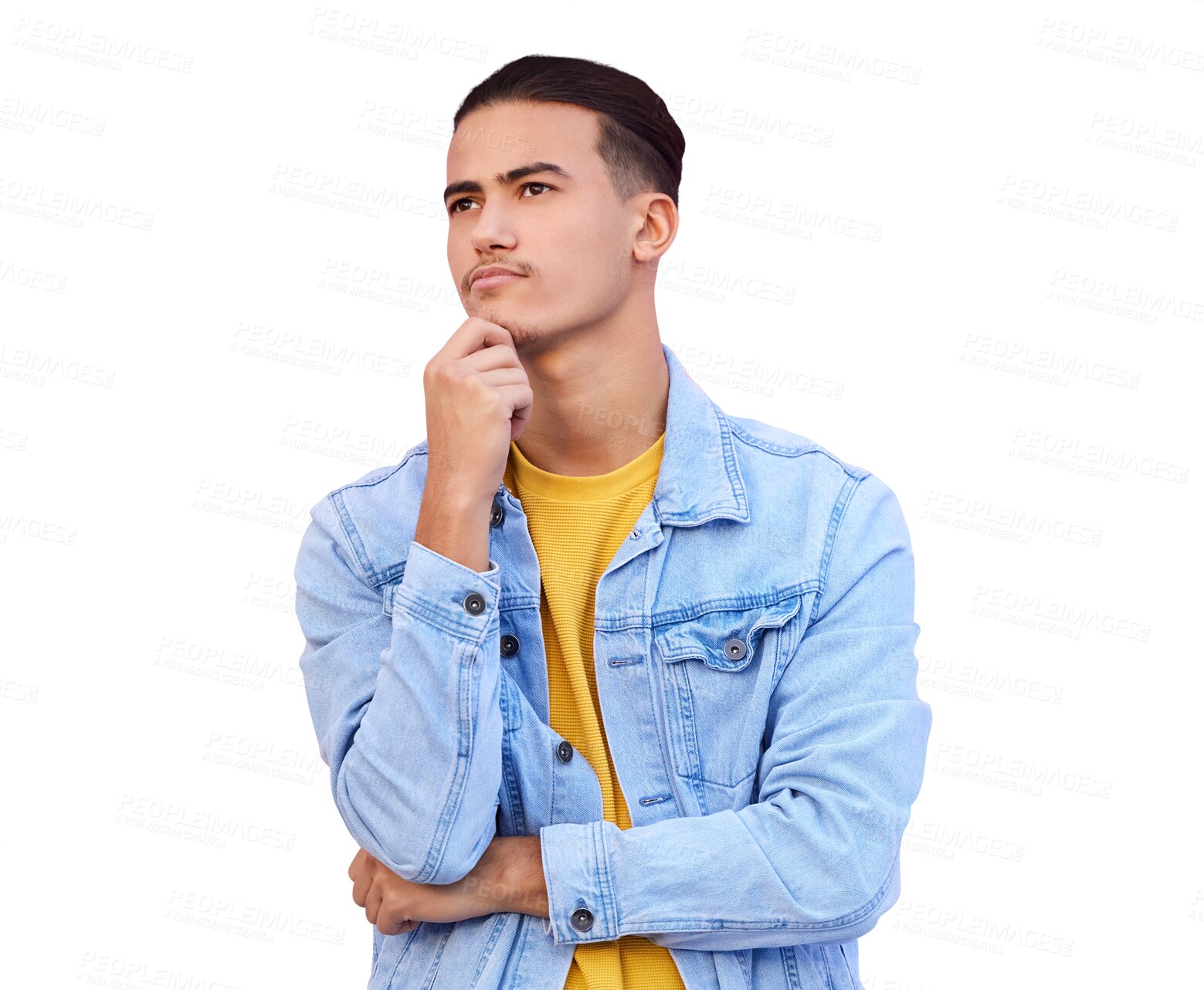 Buy stock photo Isolated student man, thinking and decision for future, vision or choice by transparent png background. Person, guy and confused for idea, problem solving or solution with memory, question or process