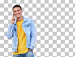 Phone call, happy and portrait of a man in a studio with a casual, trendy and stylish outfit. Happy, smile and male model on mobile conversation with cellphone by a pink background with mockup space.