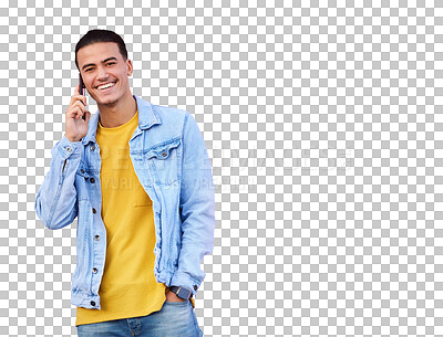 Buy stock photo Man, smile and portrait with phone call for talking, networking or conversation isolated on transparent png background. Happy young model, smartphone and mobile communication, news or digital contact