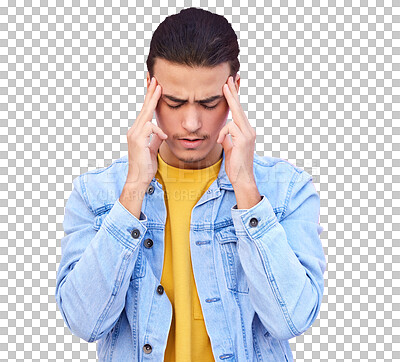 Depression, stress and man with headache in studio isolated on a pink background. Mental health, anxiety and depressed, unhappy or sad male model with problem, pain or migraine, burnout or head ache