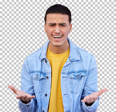 Buy stock photo Stress, portrait and man with hands, confused and isolated on transparent png background. Mental health, anxiety and asking or male model person, frustrated and decision or choice, burnout and doubt